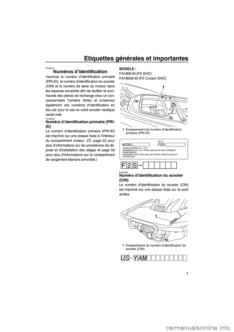 YAMAHA FX HO 2013 Notices Demploi (in French) Etiquettes générales et importantes
1
FJU36451
Numéros d’identification
Inscrivez le numéro d’identification primaire
(PRI-ID), le numéro d’identification du scooter
(CIN) et le numéro de YAMAHA FX HO 2013 Notices Demploi (in French) Etiquettes générales et importantes
1
FJU36451
Numéros d’identification
Inscrivez le numéro d’identification primaire
(PRI-ID), le numéro d’identification du scooter
(CIN) et le numéro de