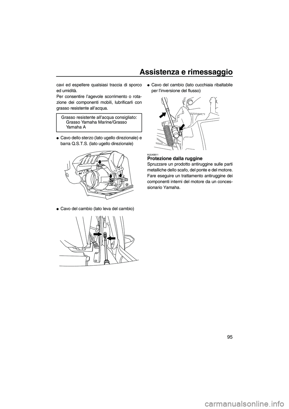 YAMAHA FX HO CRUISER 2013  Manuale duso (in Italian) Assistenza e rimessaggio
95
cavi ed espellere qualsiasi traccia di sporco
ed umidità.
Per consentire l’agevole scorrimento o rota-
zione dei componenti mobili, lubrificarli con
grasso resistente al
