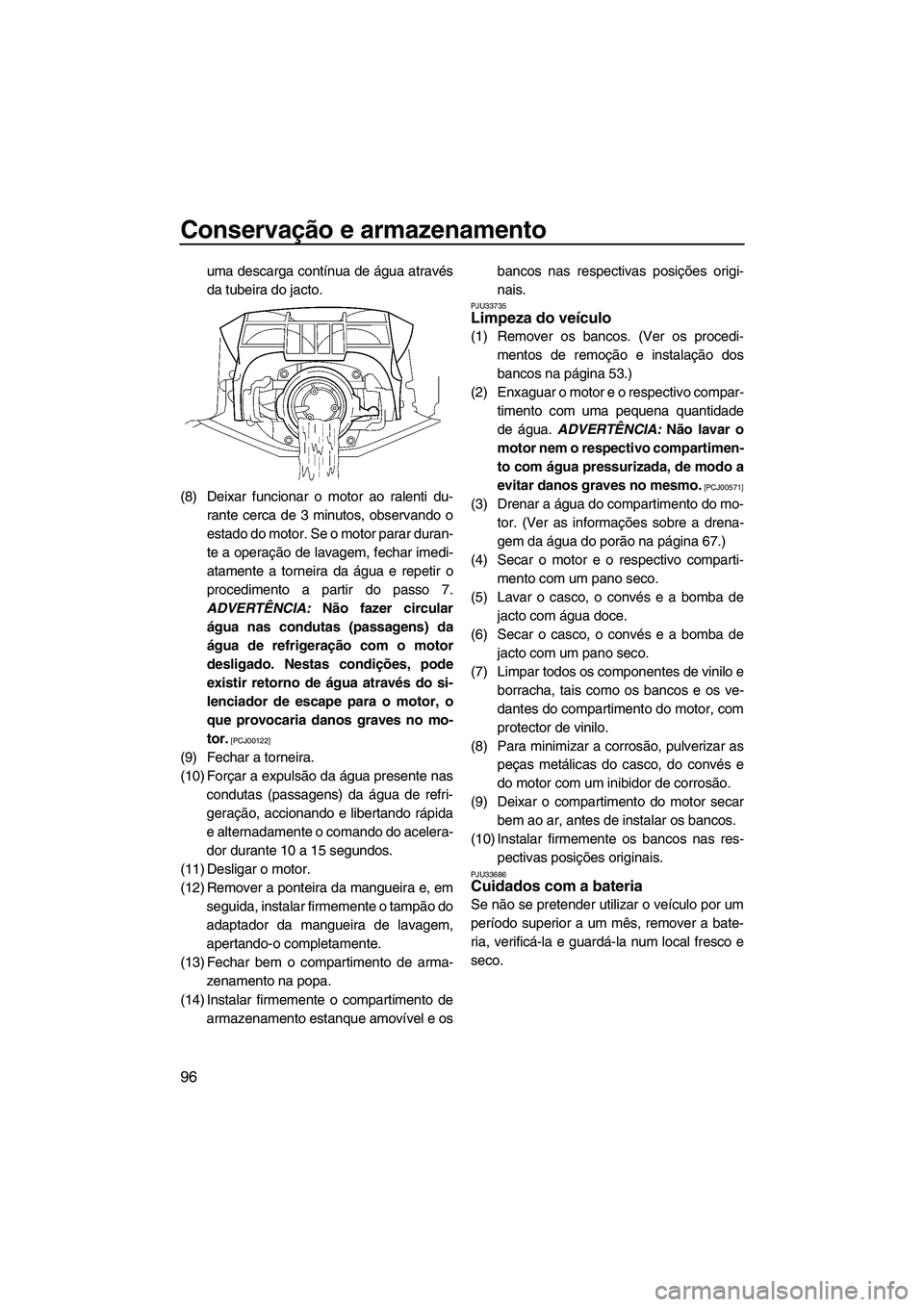 YAMAHA FX HO CRUISER 2013 Manual de utilização (in Portuguese) Conservação e armazenamento
96
uma descarga contínua de água através
da tubeira do jacto.
(8) Deixar funcionar o motor ao ralenti du- rante cerca de 3 minutos, observando o
estado do motor. Se o YAMAHA FX HO CRUISER 2013 Manual de utilização (in Portuguese) Conservação e armazenamento
96
uma descarga contínua de água através
da tubeira do jacto.
(8) Deixar funcionar o motor ao ralenti du- rante cerca de 3 minutos, observando o
estado do motor. Se o