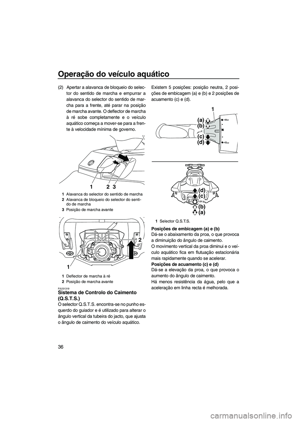 YAMAHA FX HO 2013 Manual de utilização (in Portuguese) Operação do veículo aquático
36
(2) Apertar a alavanca de bloqueio do selec-tor do sentido de marcha e empurrar a
alavanca do selector do sentido de mar-
cha para a frente, até parar na posição YAMAHA FX HO 2013 Manual de utilização (in Portuguese) Operação do veículo aquático
36
(2) Apertar a alavanca de bloqueio do selec-tor do sentido de marcha e empurrar a
alavanca do selector do sentido de mar-
cha para a frente, até parar na posição