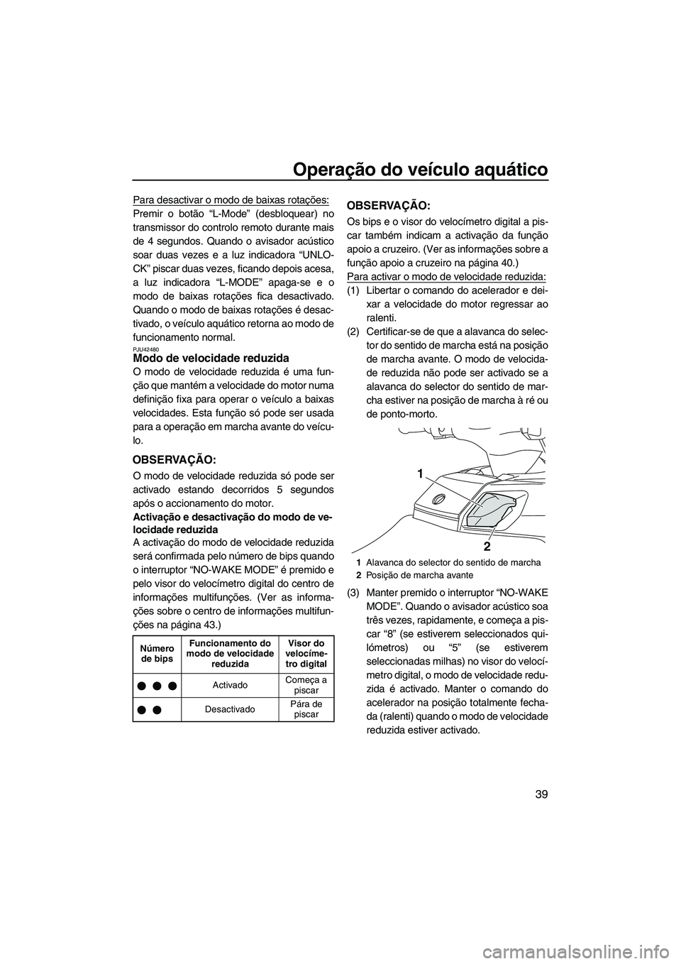 YAMAHA FX HO 2013 Manual de utilização (in Portuguese) Operação do veículo aquático
39
Para desactivar o modo de baixas rotações:
Premir o botão “L-Mode” (desbloquear) no
transmissor do controlo remoto durante mais
de 4 segundos. Quando o avisa YAMAHA FX HO 2013 Manual de utilização (in Portuguese) Operação do veículo aquático
39
Para desactivar o modo de baixas rotações:
Premir o botão “L-Mode” (desbloquear) no
transmissor do controlo remoto durante mais
de 4 segundos. Quando o avisa