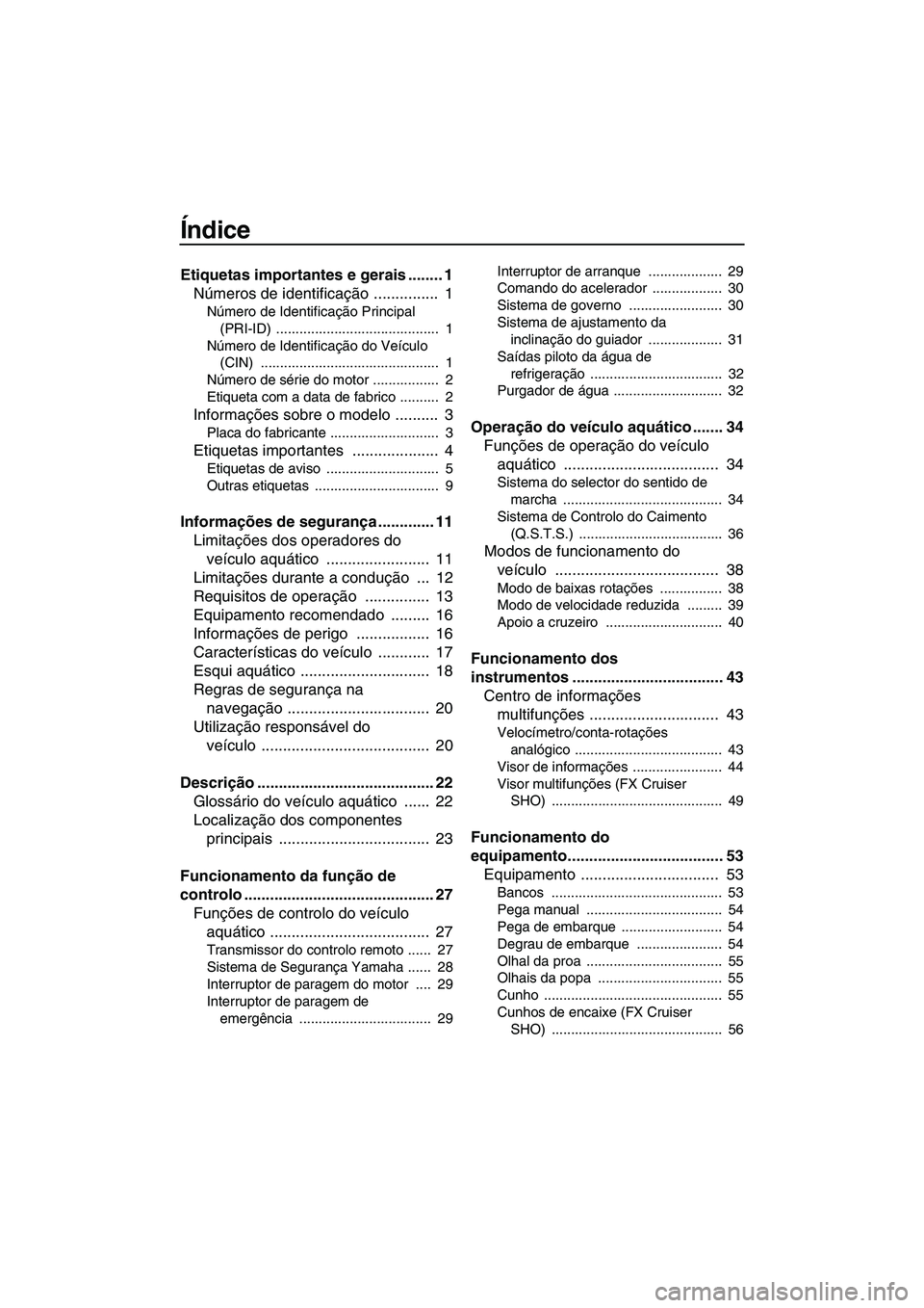 YAMAHA FX HO 2013 Manual de utilização (in Portuguese) Índice
Etiquetas importantes e gerais ........ 1Números de identificação ............... 1
Número de Identificação Principal
(PRI-ID) .......................................... 1
Número de YAMAHA FX HO 2013 Manual de utilização (in Portuguese) Índice
Etiquetas importantes e gerais ........ 1Números de identificação ............... 1
Número de Identificação Principal
(PRI-ID) .......................................... 1
Número de