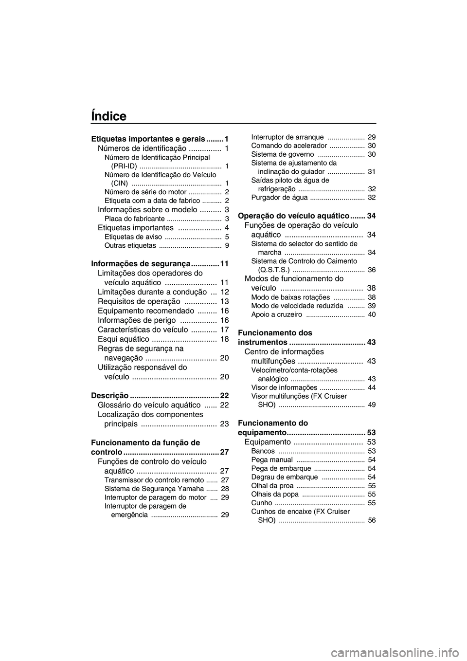 YAMAHA FX HO CRUISER 2013  Manual de utilização (in Portuguese) Índice
Etiquetas importantes e gerais ........ 1Números de identificação ...............  1
Número de Identificação Principal 
(PRI-ID) ..........................................  1
Número de 