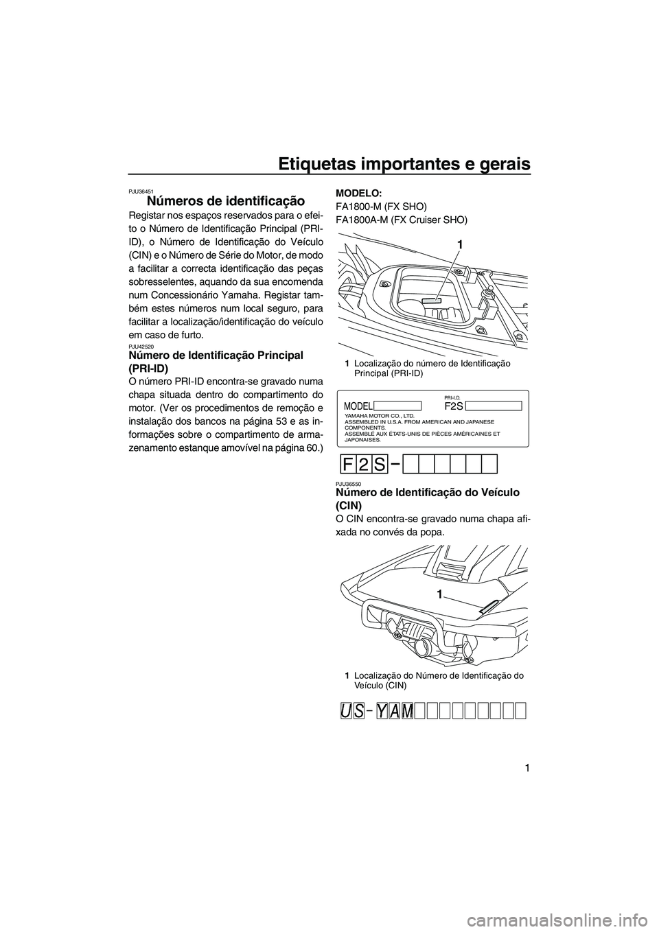 YAMAHA FX HO 2013 Manual de utilização (in Portuguese) Etiquetas importantes e gerais
1
PJU36451
Números de identificação
Registar nos espaços reservados para o efei-
to o Número de Identificação Principal (PRI-
ID), o Número de Identificação d YAMAHA FX HO 2013 Manual de utilização (in Portuguese) Etiquetas importantes e gerais
1
PJU36451
Números de identificação
Registar nos espaços reservados para o efei-
to o Número de Identificação Principal (PRI-
ID), o Número de Identificação d