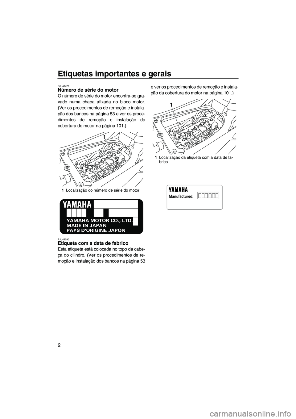 YAMAHA FX HO CRUISER 2013  Manual de utilização (in Portuguese) Etiquetas importantes e gerais
2
PJU40470Número de série do motor 
O número de série do motor encontra-se gra-
vado numa chapa afixada no bloco motor.
(Ver os procedimentos de remoção e instala-