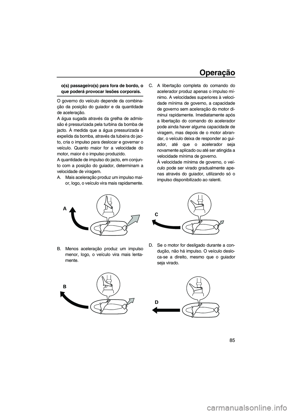 YAMAHA FX HO CRUISER 2013 Manual de utilização (in Portuguese) Operação
85
o(s) passageiro(s) para fora de bordo, o
que poderá provocar lesões corporais.
O governo do veículo depende da combina-
ção da posição do guiador e da quantidade
de aceleração.
YAMAHA FX HO CRUISER 2013 Manual de utilização (in Portuguese) Operação
85
o(s) passageiro(s) para fora de bordo, o
que poderá provocar lesões corporais.
O governo do veículo depende da combina-
ção da posição do guiador e da quantidade
de aceleração.