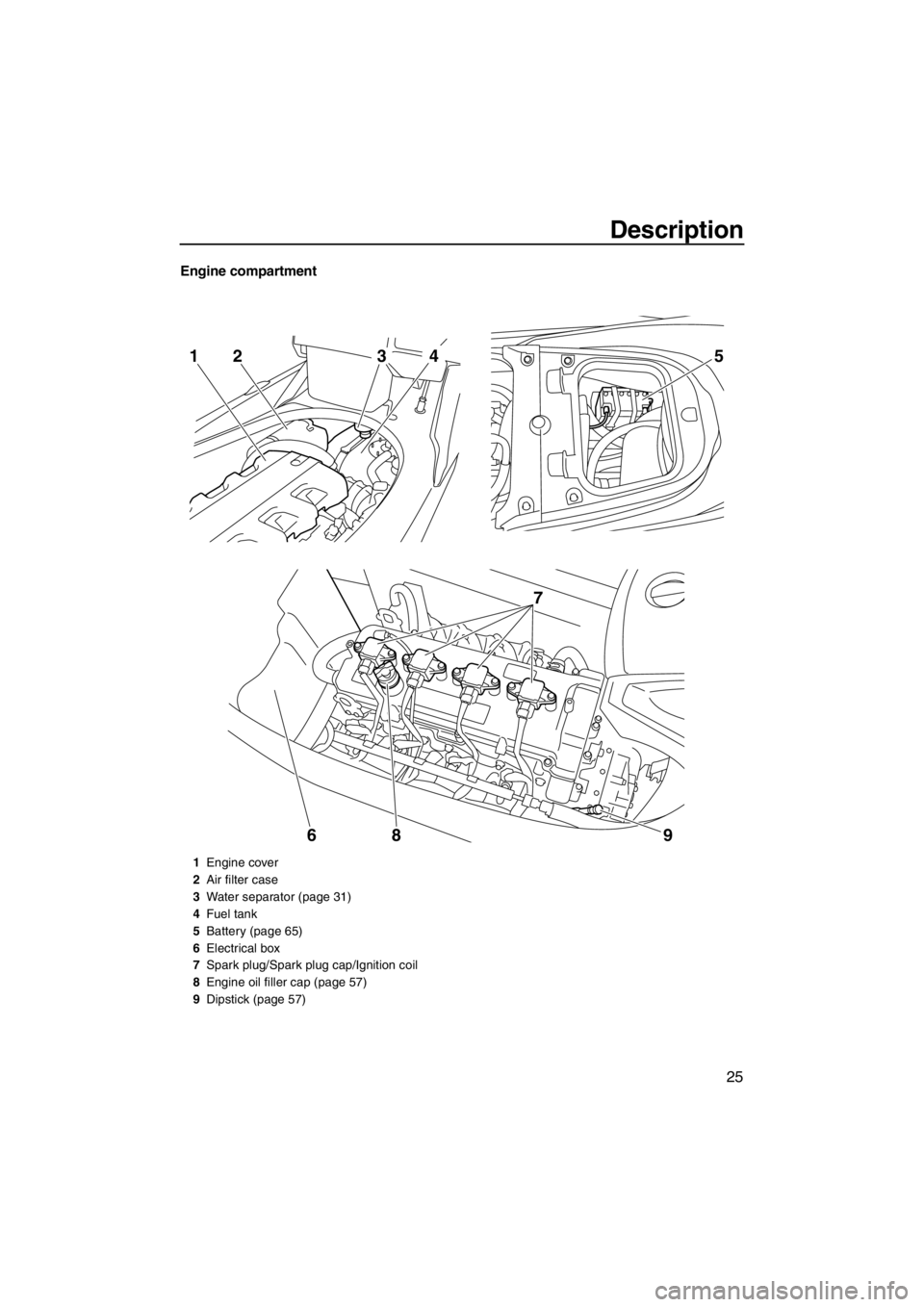 YAMAHA FX HO CRUISER 2012 Owners Guide Description
25
Engine compartment
5
7
9 8
6
2143
1Engine cover
2Air filter case
3Water separator (page 31)
4Fuel tank
5Battery (page 65)
6Electrical box
7Spark plug/Spark plug cap/Ignition coil
8Engin