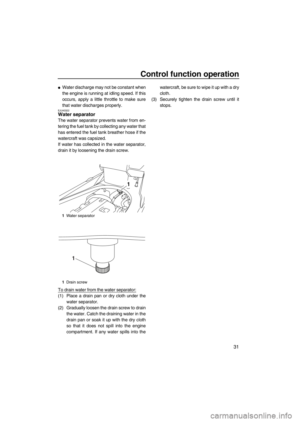 YAMAHA FX HO CRUISER 2012 Owners Guide Control function operation
31
●Water discharge may not be constant when
the engine is running at idling speed. If this
occurs, apply a little throttle to make sure
that water discharges properly.
EJ