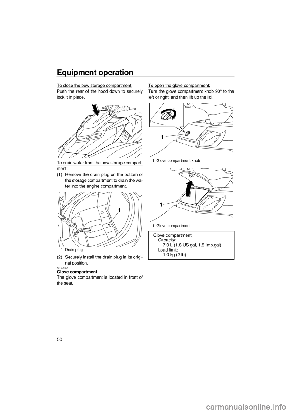 YAMAHA FX HO CRUISER 2012 Workshop Manual Equipment operation
50
To close the bow storage compartment:
Push the rear of the hood down to securely
lock it in place.
To drain water from the bow storage compart-
ment:
(1) Remove the drain plug o