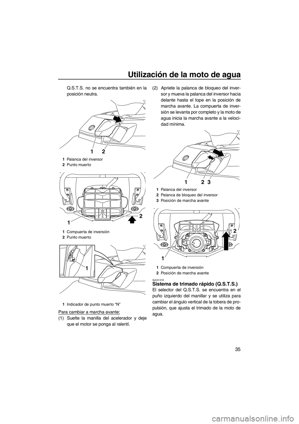 YAMAHA FX HO CRUISER 2012  Manuale de Empleo (in Spanish) Utilización de la moto de agua
35
Q.S.T.S. no se encuentra también en la
posición neutra.
Para cambiar a marcha avante:
(1) Suelte la manilla del acelerador y deje
que el motor se ponga al ralentí