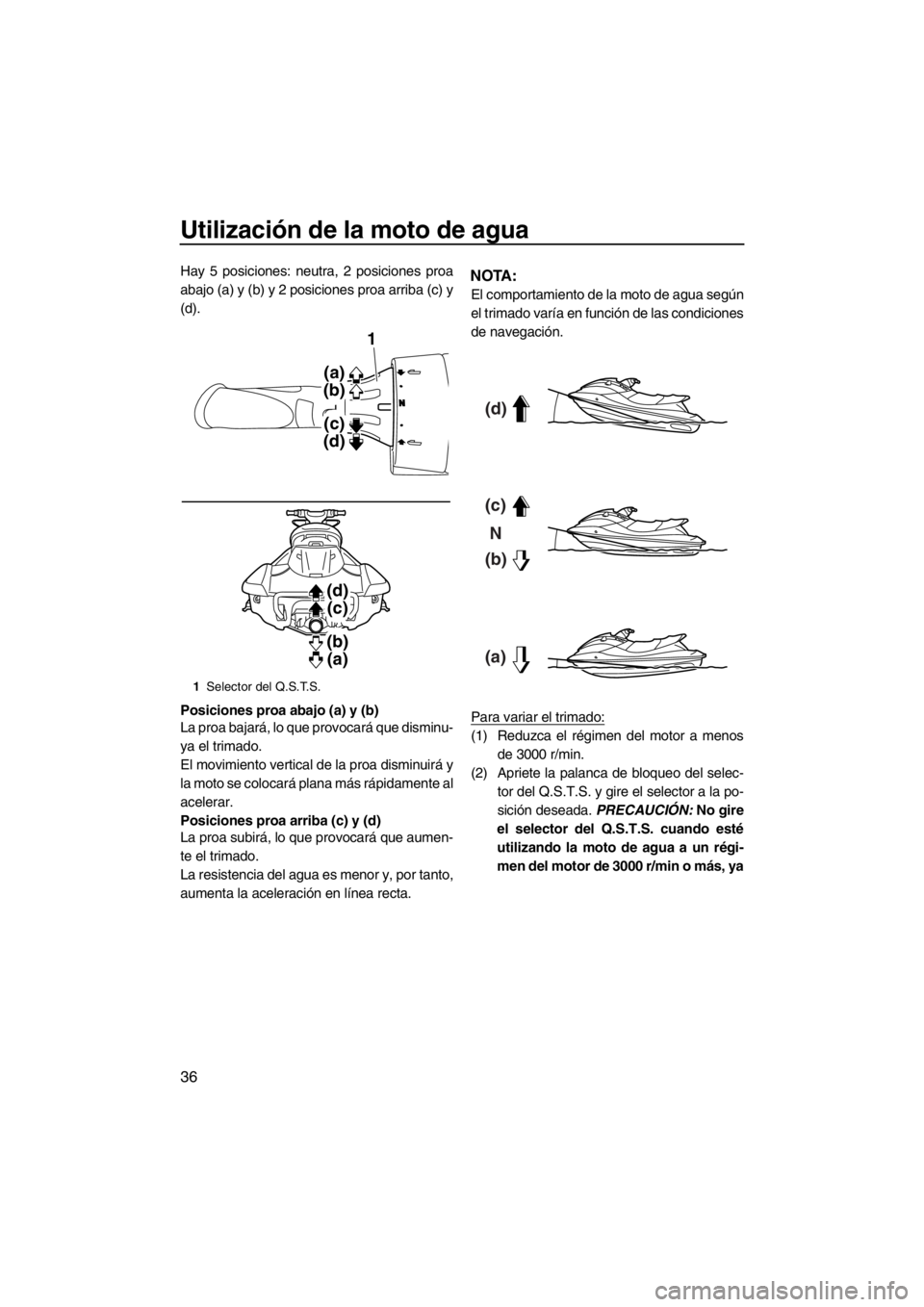 YAMAHA FX HO CRUISER 2012  Manuale de Empleo (in Spanish) Utilización de la moto de agua
36
Hay 5 posiciones: neutra, 2 posiciones proa
abajo (a) y (b) y 2 posiciones proa arriba (c) y
(d).
Posiciones proa abajo (a) y (b)
La proa bajará, lo que provocará 