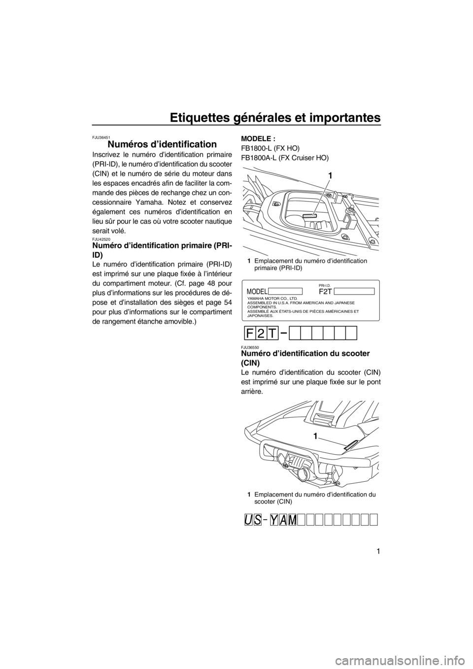 YAMAHA FX HO 2012 Notices Demploi (in French) Etiquettes générales et importantes
1
FJU36451
Numéros d’identification
Inscrivez le numéro d’identification primaire
(PRI-ID), le numéro d’identification du scooter
(CIN) et le numéro de YAMAHA FX HO 2012 Notices Demploi (in French) Etiquettes générales et importantes
1
FJU36451
Numéros d’identification
Inscrivez le numéro d’identification primaire
(PRI-ID), le numéro d’identification du scooter
(CIN) et le numéro de