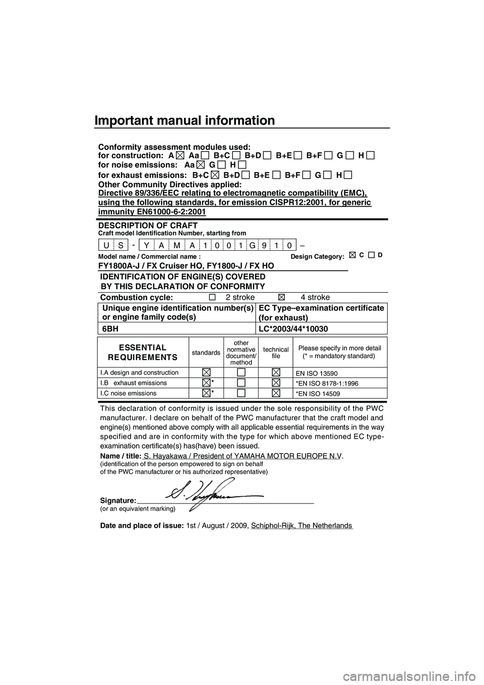 YAMAHA FX HO CRUISER 2010  Owners Manual Important manual information
This declaration of conformity is issued under the sole responsibility of the PWC
manufacturer. I declare on behalf of the PWC manufacturer that the craft model and
engine