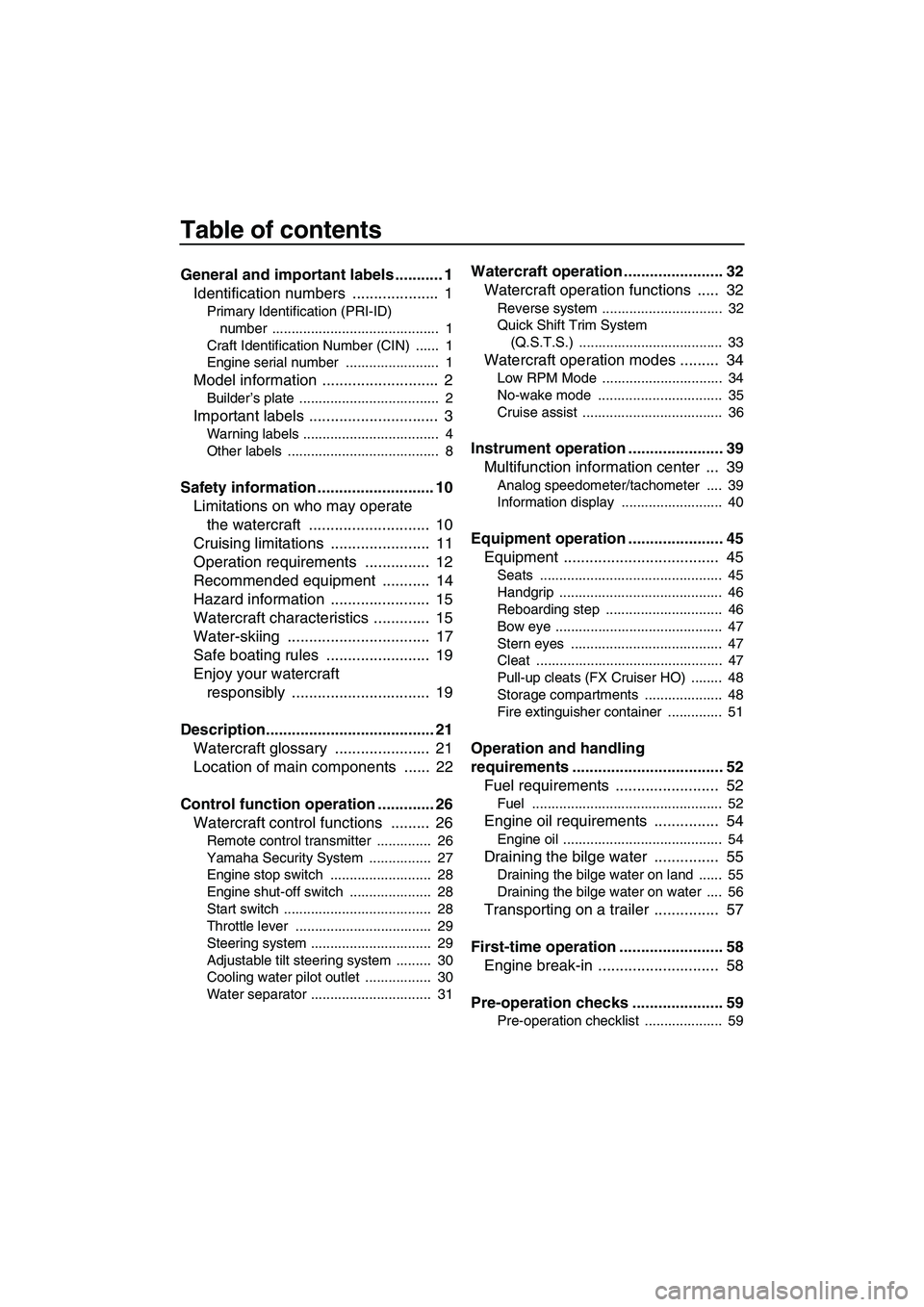 YAMAHA FX HO CRUISER 2010  Owners Manual Table of contents
General and important labels ........... 1
Identification numbers  ....................  1
Primary Identification (PRI-ID) 
number ...........................................  1
Craf