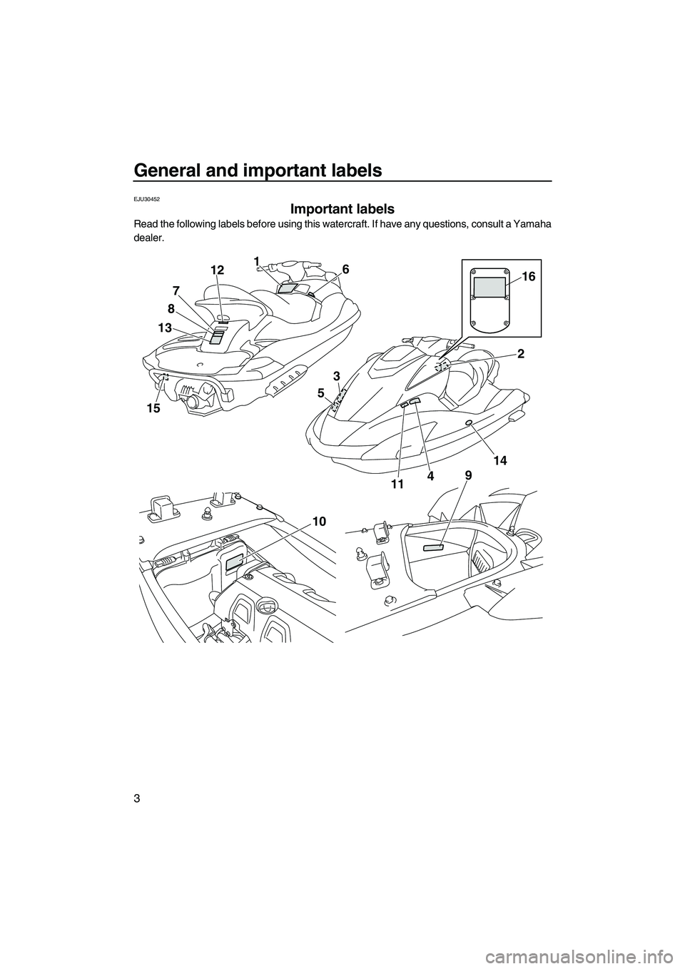 YAMAHA FX HO CRUISER 2010  Owners Manual General and important labels
3
EJU30452
Important labels 
Read the following labels before using this watercraft. If have any questions, consult a Yamaha
dealer.
15
1387121
6
4
914216
3
511
10
UF2H71E