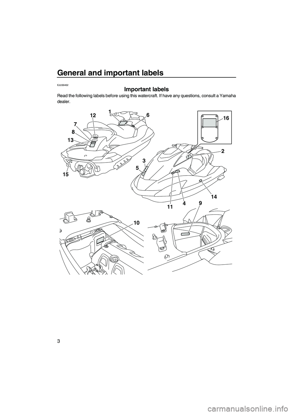YAMAHA FX HO CRUISER 2010 Owners Manual General and important labels
3
EJU30452
Important labels
Read the following labels before using this watercraft. If have any questions, consult a Yamaha
dealer.
15
1387121
6
4
914216
3
511
10
UF2H71E YAMAHA FX HO CRUISER 2010 Owners Manual General and important labels
3
EJU30452
Important labels
Read the following labels before using this watercraft. If have any questions, consult a Yamaha
dealer.
15
1387121
6
4
914216
3
511
10
UF2H71E