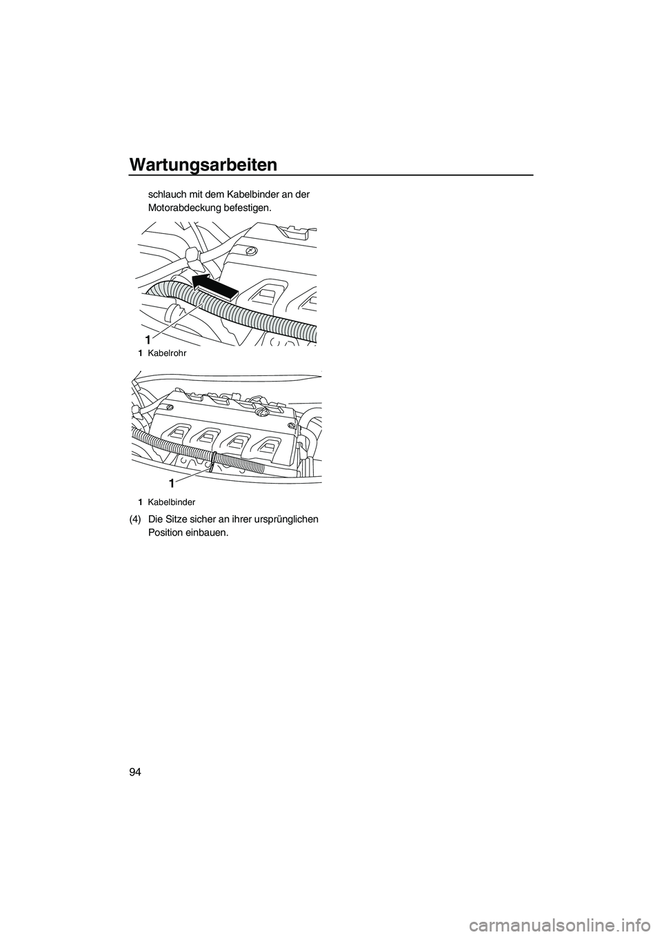 YAMAHA FX HO CRUISER 2010 Betriebsanleitungen (in German) Wartungsarbeiten
94
schlauch mit dem Kabelbinder an der
Motorabdeckung befestigen.
(4) Die Sitze sicher an ihrer ursprünglichen
Position einbauen.
1Kabelrohr
1Kabelbinder
1
1
UF2H71G0.book Page 94 YAMAHA FX HO CRUISER 2010 Betriebsanleitungen (in German) Wartungsarbeiten
94
schlauch mit dem Kabelbinder an der
Motorabdeckung befestigen.
(4) Die Sitze sicher an ihrer ursprünglichen
Position einbauen.
1Kabelrohr
1Kabelbinder
1
1
UF2H71G0.book Page 94