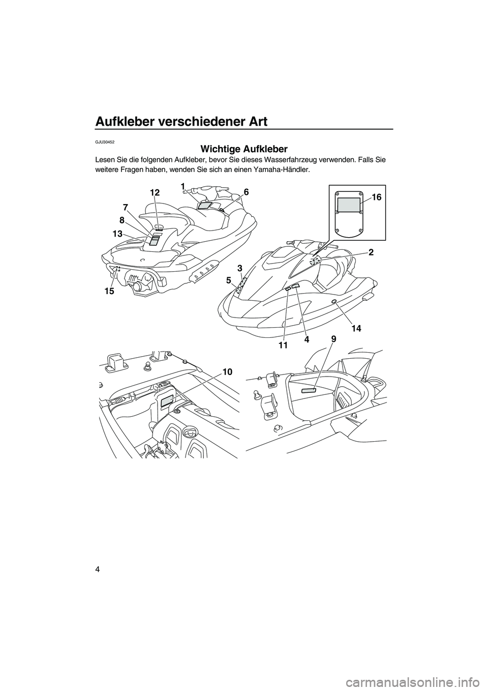 YAMAHA FX HO 2010  Betriebsanleitungen (in German) Aufkleber verschiedener Art
4
GJU30452
Wichtige Aufkleber 
Lesen Sie die folgenden Aufkleber, bevor Sie dieses Wasserfahrzeug verwenden. Falls Sie 
weitere Fragen haben, wenden Sie sich an einen Yamah