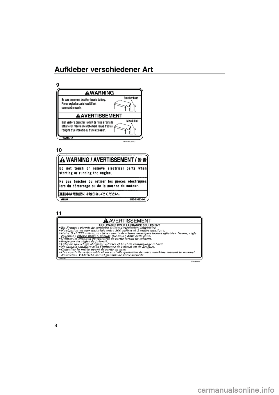 YAMAHA FX HO 2010  Betriebsanleitungen (in German) Aufkleber verschiedener Art
8
UF2H71G0.book  Page 8  Tuesday, July 7, 2009  6:41 PM 