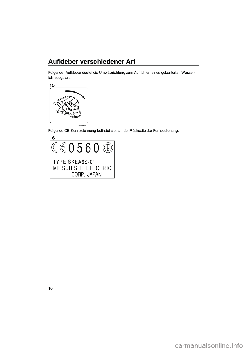 YAMAHA FX HO 2010  Betriebsanleitungen (in German) Aufkleber verschiedener Art
10
Folgender Aufkleber deutet die Umwälzrichtung zum Aufrichten eines gekenterten Wasser-
fahrzeugs an.
Folgende CE-Kennzeichnung befindet sich an der Rückseite der Fernb