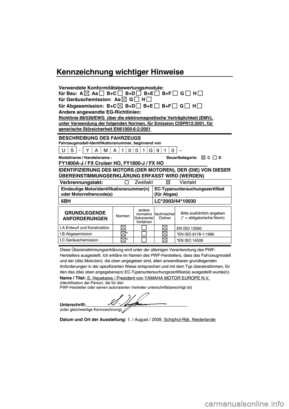 YAMAHA FX HO 2010  Betriebsanleitungen (in German) Kennzeichnung wichtiger Hinweise
Diese Übereinstimmungserklärung wird unter der alleinigen Verantwortung des PWF-
Herstellers ausgestellt. Ich erkläre im Namen des PWF-Herstellers, dass das Fahrzeu