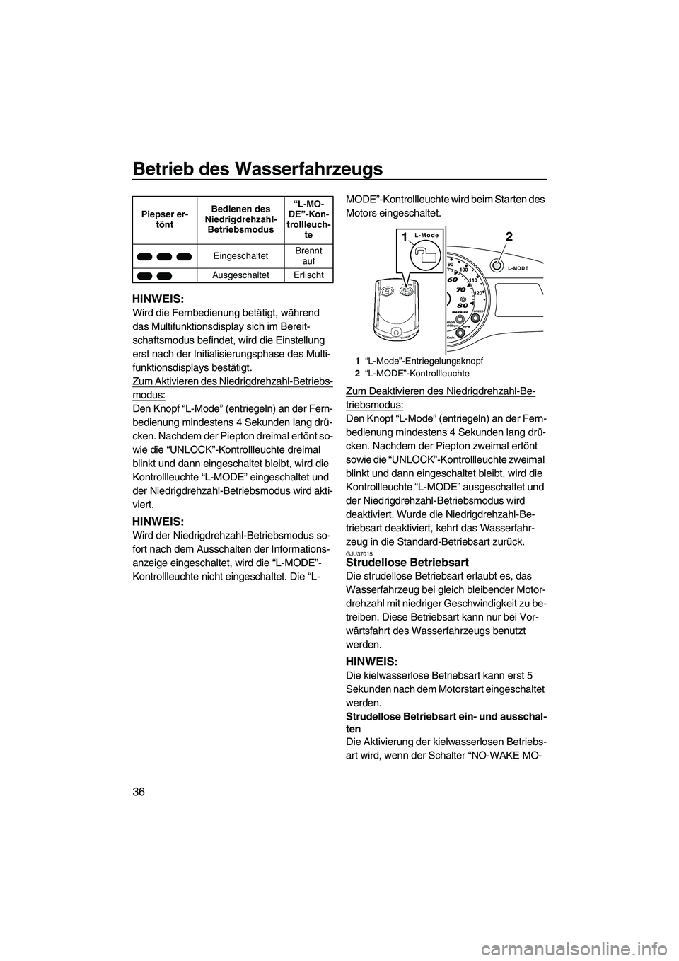 YAMAHA FX HO CRUISER 2010  Betriebsanleitungen (in German) Betrieb des Wasserfahrzeugs
36
HINWEIS:
Wird die Fernbedienung betätigt, während 
das Multifunktionsdisplay sich im Bereit-
schaftsmodus befindet, wird die Einstellung 
erst nach der Initialisierung