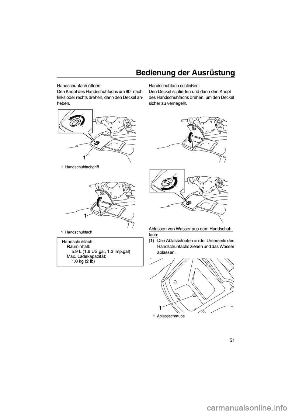 YAMAHA FX HO CRUISER 2010 Betriebsanleitungen (in German) Bedienung der Ausrüstung
51
Handschuhfach öffnen:
Den Knopf des Handschuhfachs um 90° nach
links oder rechts drehen, dann den Deckel an-
heben.Handschuhfach schließen:Den Deckel schließen und da YAMAHA FX HO CRUISER 2010 Betriebsanleitungen (in German) Bedienung der Ausrüstung
51
Handschuhfach öffnen:
Den Knopf des Handschuhfachs um 90° nach
links oder rechts drehen, dann den Deckel an-
heben.Handschuhfach schließen:Den Deckel schließen und da