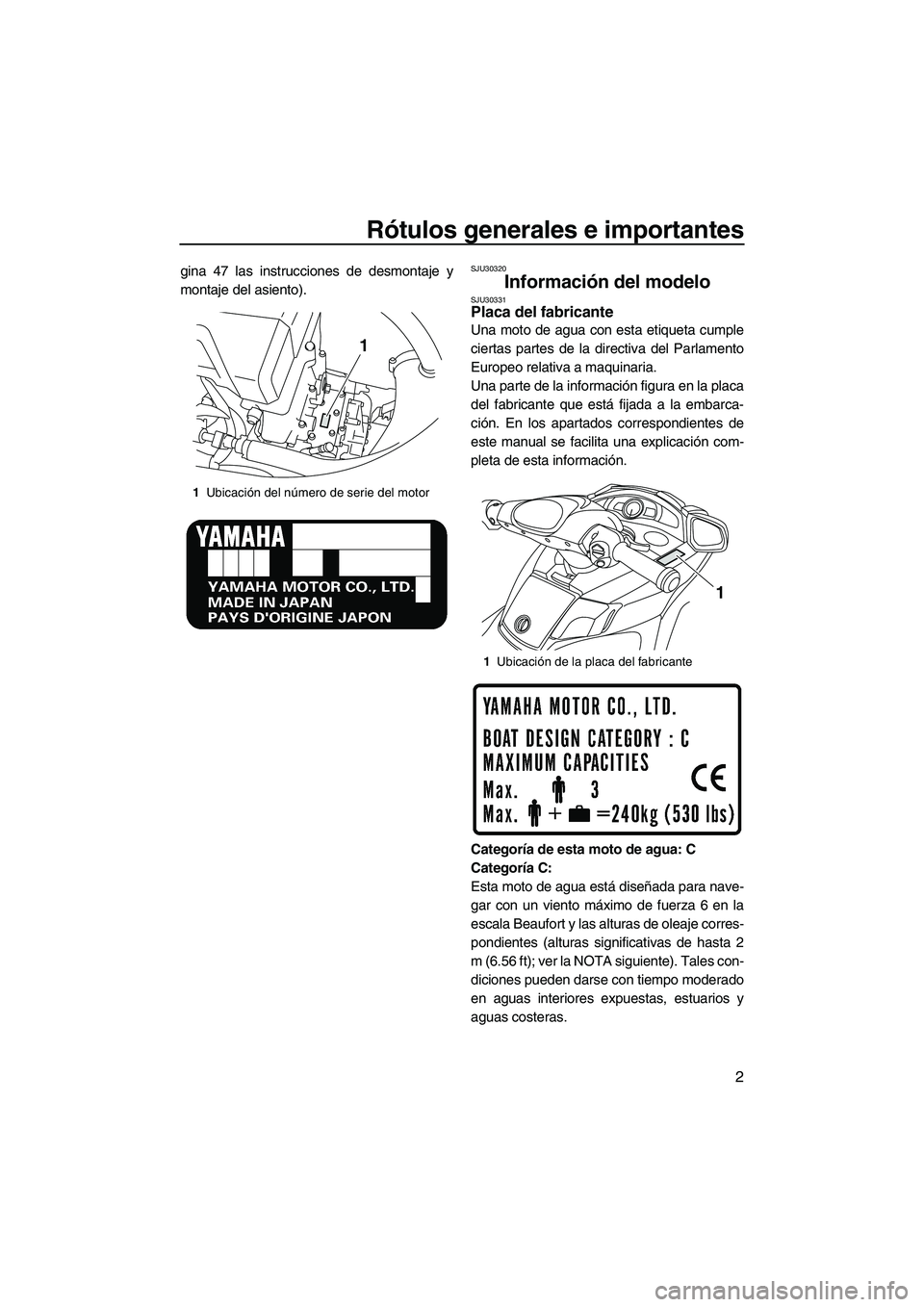 YAMAHA FX HO 2010  Manuale de Empleo (in Spanish) Rótulos generales e importantes
2
gina 47 las instrucciones de desmontaje y
montaje del asiento).SJU30320
Información del modelo SJU30331Placa del fabricante 
Una moto de agua con esta etiqueta cump