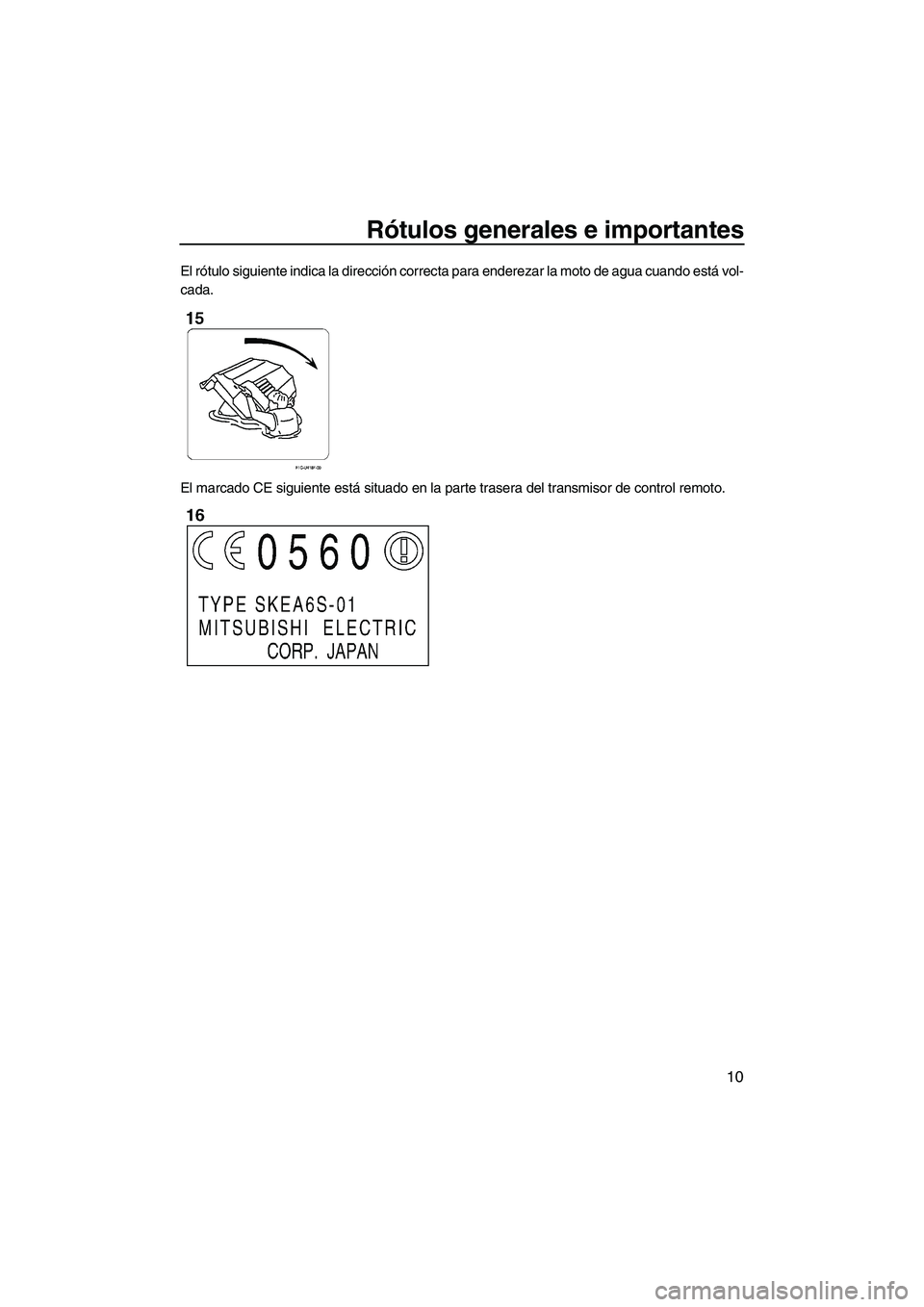 YAMAHA FX HO 2010  Manuale de Empleo (in Spanish) Rótulos generales e importantes
10
El rótulo siguiente indica la dirección correcta para enderezar la moto de agua cuando está vol-
cada.
El marcado CE siguiente está situado en la parte trasera 