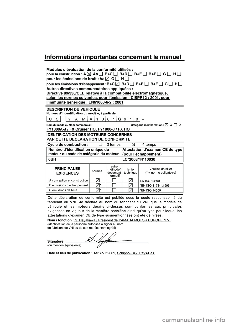YAMAHA FX HO CRUISER 2010 Notices Demploi (in French) Informations importantes concernant le manuel
Nom / fonction :S. Hayakawa / Président de YAMAHA MOTOR EUROPE N.V.(identification de la personne autorisée à signer au nom
du fabricant du VNI ou de s YAMAHA FX HO CRUISER 2010 Notices Demploi (in French) Informations importantes concernant le manuel
Nom / fonction :S. Hayakawa / Président de YAMAHA MOTOR EUROPE N.V.(identification de la personne autorisée à signer au nom
du fabricant du VNI ou de s