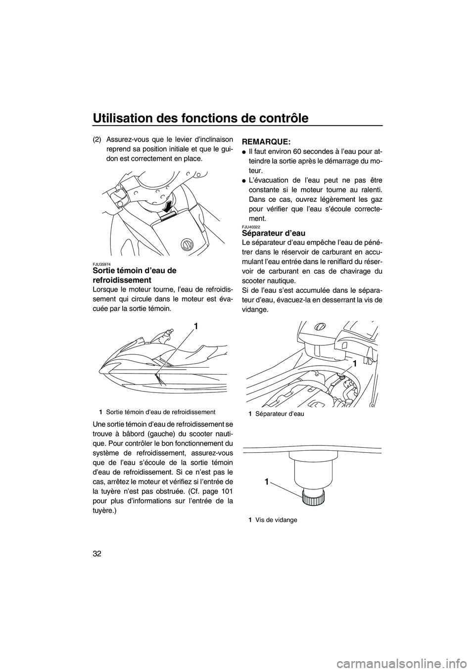 YAMAHA FX HO CRUISER 2010  Notices Demploi (in French) Utilisation des fonctions de contrôle
32
(2) Assurez-vous que le levier d’inclinaison
reprend sa position initiale et que le gui-
don est correctement en place.
FJU35974Sortie témoin d’eau de 
r