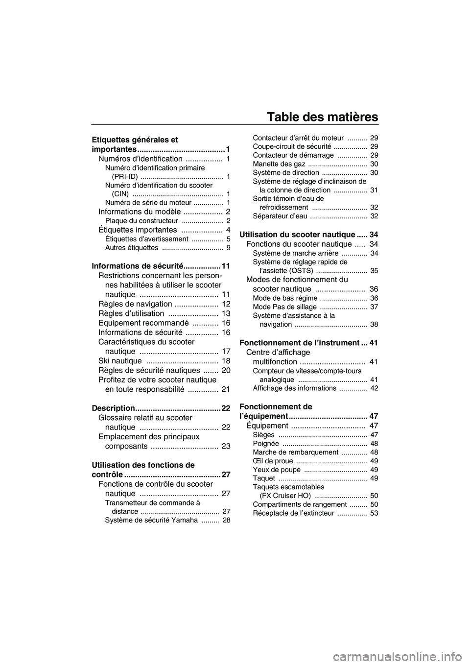 YAMAHA FX HO CRUISER 2010 Notices Demploi (in French) Table des matières
Etiquettes générales et
importantes ........................................ 1
Numéros d’identification ................. 1
Numéro d’identification primaire
(PRI-ID) ... YAMAHA FX HO CRUISER 2010 Notices Demploi (in French) Table des matières
Etiquettes générales et
importantes ........................................ 1
Numéros d’identification ................. 1
Numéro d’identification primaire
(PRI-ID) ...