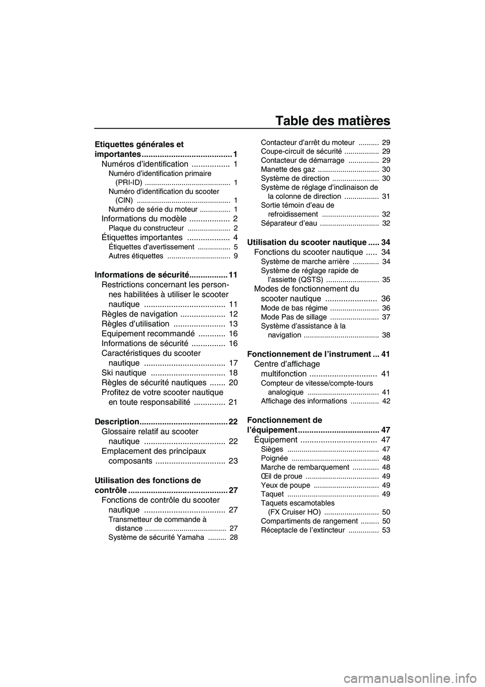 YAMAHA FX HO CRUISER 2010  Notices Demploi (in French) Table des matières
Etiquettes générales et 
importantes ........................................ 1
Numéros d’identification .................  1
Numéro d’identification primaire 
(PRI-ID) ...