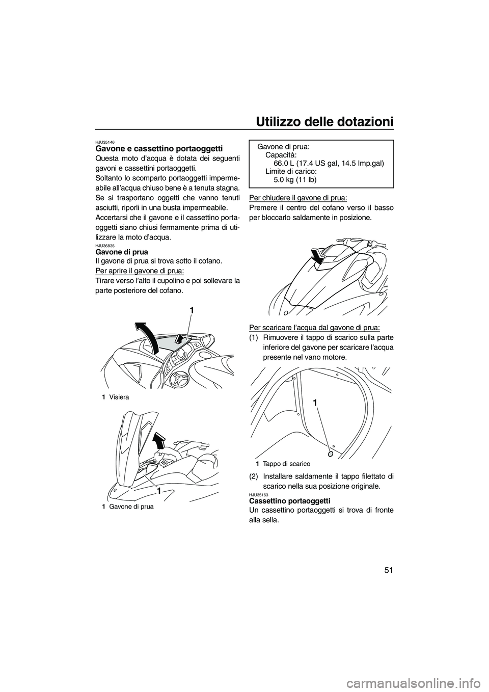 YAMAHA FX HO 2010  Manuale duso (in Italian) Utilizzo delle dotazioni
51
HJU35146Gavone e cassettino portaoggetti 
Questa moto d’acqua è dotata dei seguenti
gavoni e cassettini portaoggetti.
Soltanto lo scomparto portaoggetti imperme-
abile a