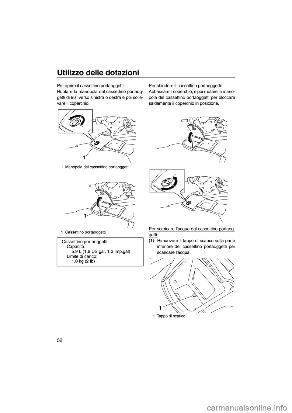 YAMAHA FX HO 2010  Manuale duso (in Italian) Utilizzo delle dotazioni
52
Per aprire il cassettino portaoggetti:
Ruotare la manopola del cassettino portaog-
getti di 90° verso sinistra o destra e poi solle-
vare il coperchio.Per chiudere il cass