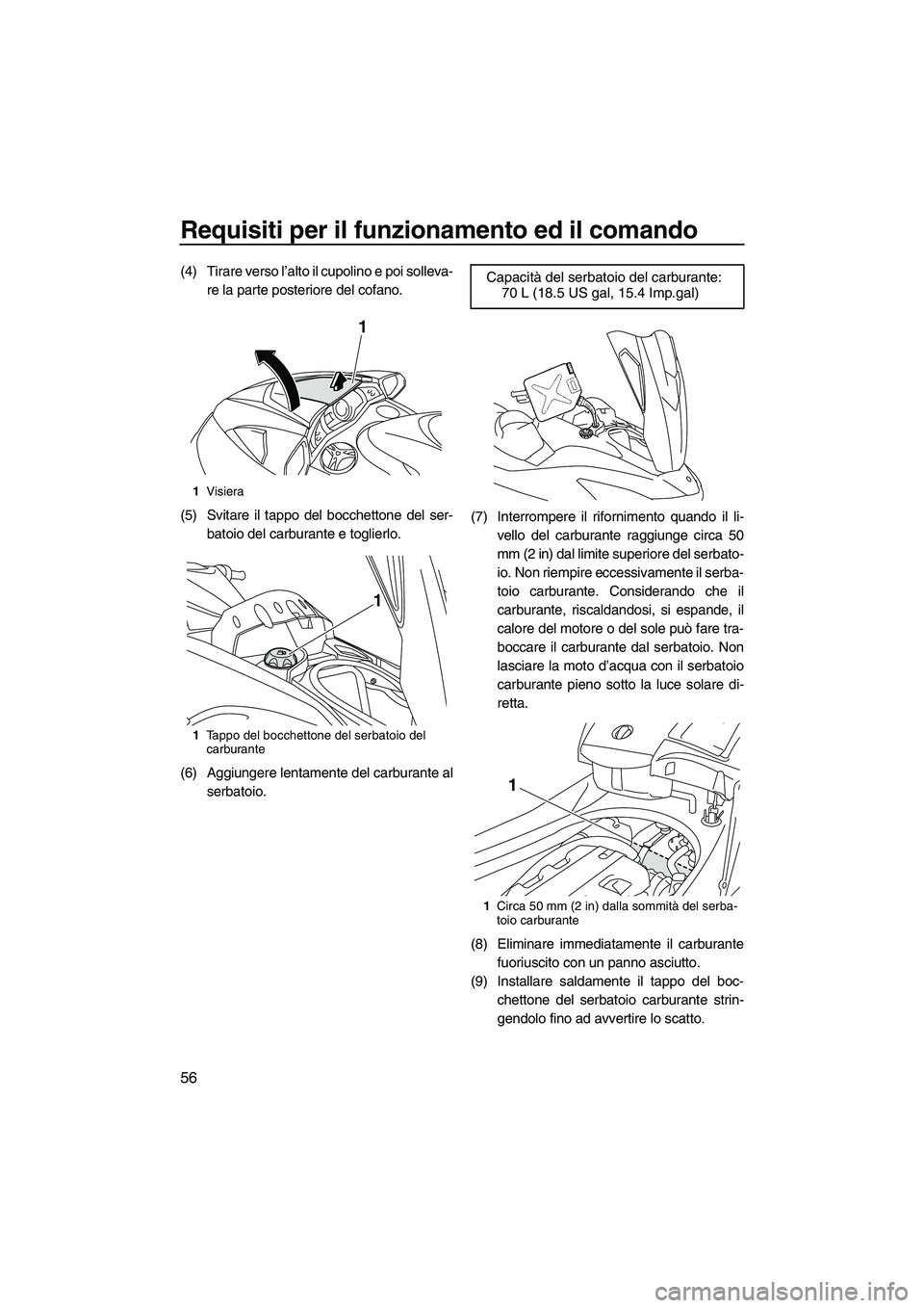 YAMAHA FX HO 2010  Manuale duso (in Italian) Requisiti per il funzionamento ed il comando
56
(4) Tirare verso l’alto il cupolino e poi solleva-
re la parte posteriore del cofano.
(5) Svitare il tappo del bocchettone del ser-
batoio del carbura