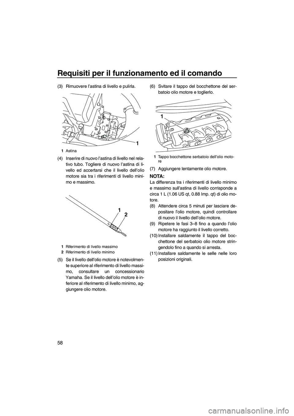 YAMAHA FX HO 2010  Manuale duso (in Italian) Requisiti per il funzionamento ed il comando
58
(3) Rimuovere l’astina di livello e pulirla.
(4) Inserire di nuovo l’astina di livello nel rela-
tivo tubo. Togliere di nuovo l’astina di li-
vell