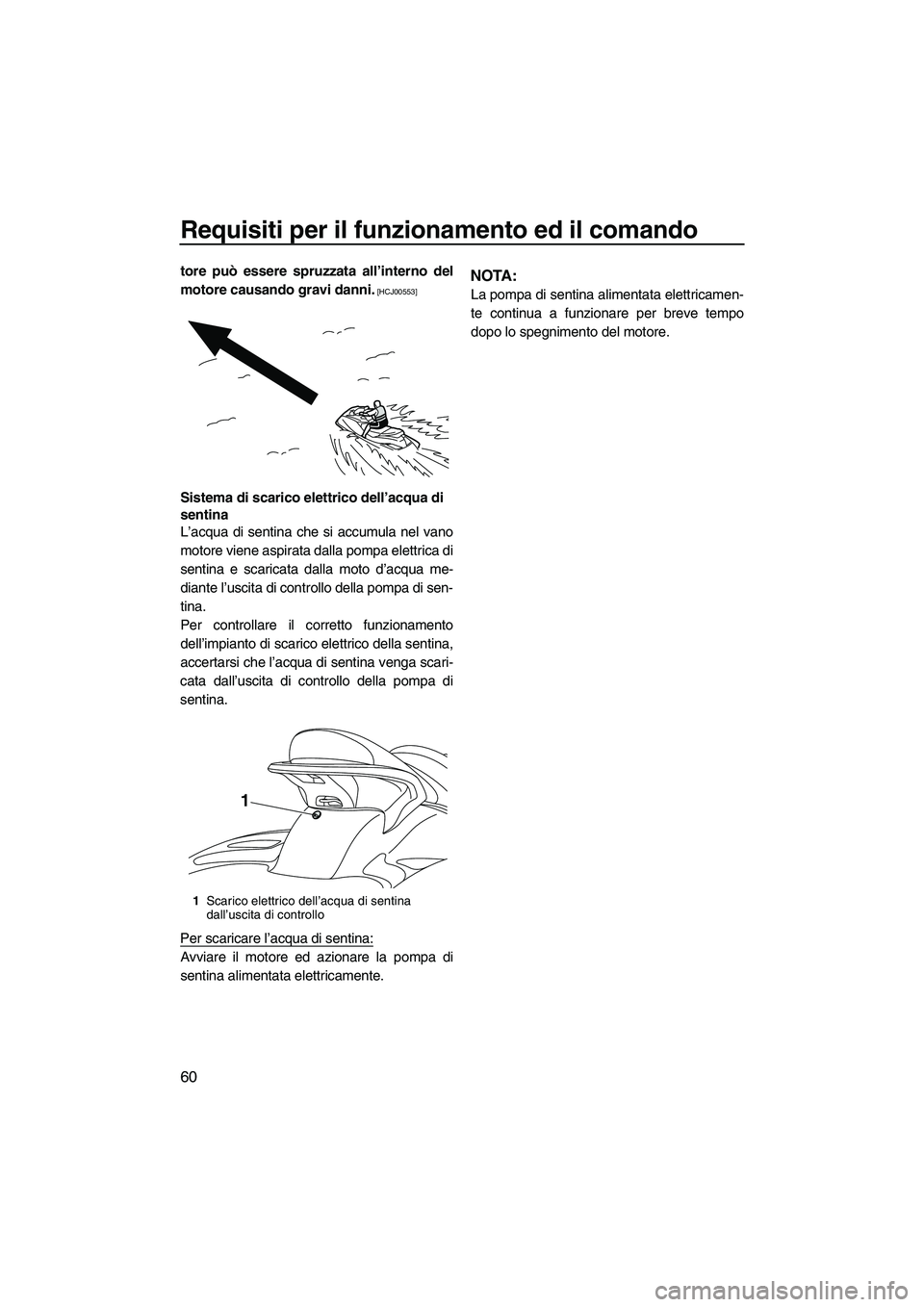 YAMAHA FX HO 2010  Manuale duso (in Italian) Requisiti per il funzionamento ed il comando
60
tore può essere spruzzata all’interno del
motore causando gravi danni.
 [HCJ00553]
Sistema di scarico elettrico dell’acqua di 
sentina
L’acqua di