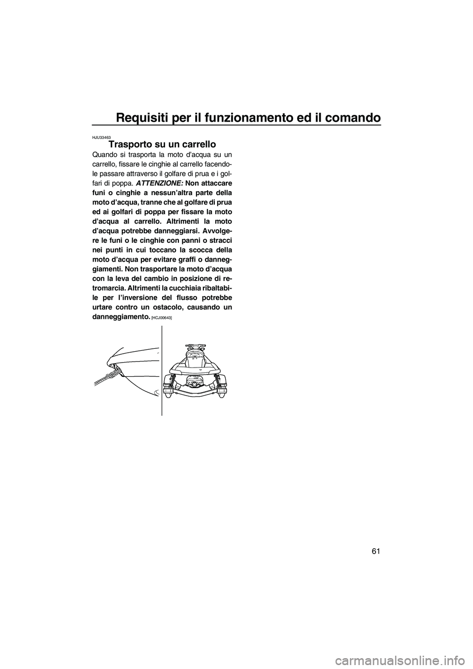 YAMAHA FX HO 2010  Manuale duso (in Italian) Requisiti per il funzionamento ed il comando
61
HJU33463
Trasporto su un carrello 
Quando si trasporta la moto d’acqua su un
carrello, fissare le cinghie al carrello facendo-
le passare attraverso i