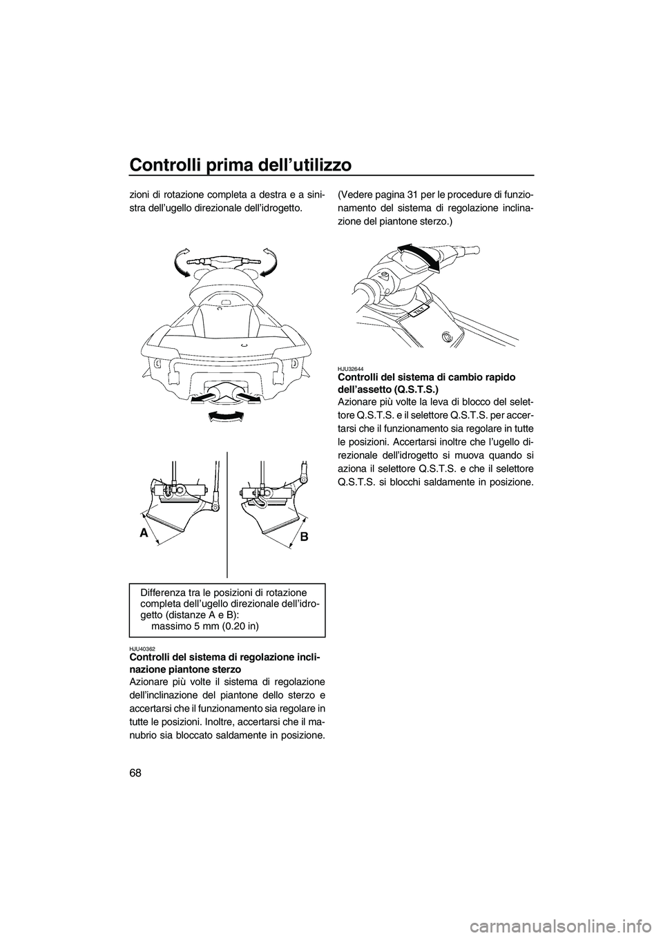 YAMAHA FX HO 2010  Manuale duso (in Italian) Controlli prima dell’utilizzo
68
zioni di rotazione completa a destra e a sini-
stra dell’ugello direzionale dell’idrogetto.
HJU40362Controlli del sistema di regolazione incli-
nazione piantone 