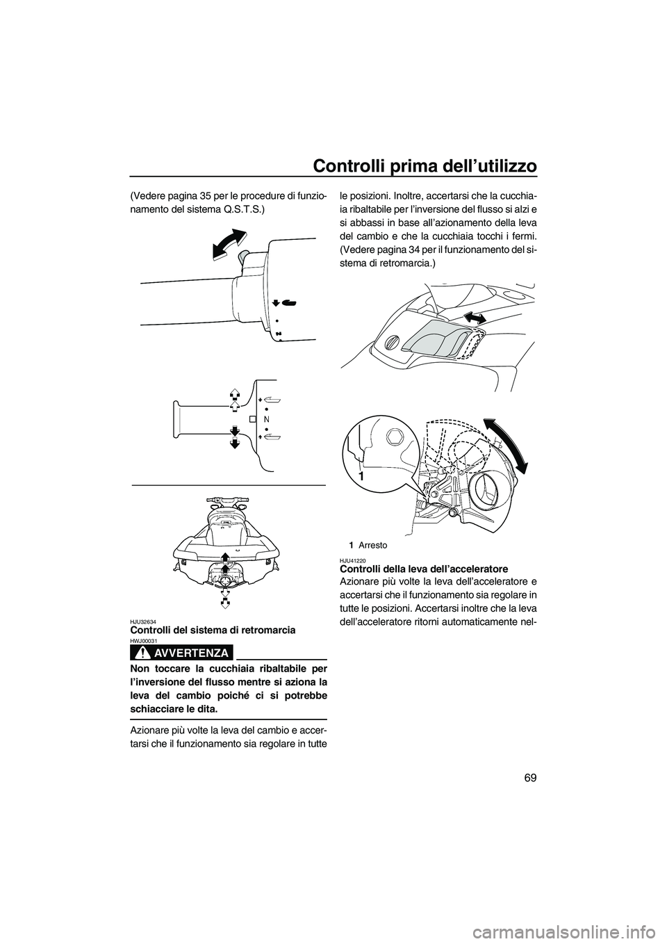 YAMAHA FX HO 2010  Manuale duso (in Italian) Controlli prima dell’utilizzo
69
(Vedere pagina 35 per le procedure di funzio-
namento del sistema Q.S.T.S.)
HJU32634Controlli del sistema di retromarcia 
AVVERTENZA
HWJ00031
Non toccare la cucchiai