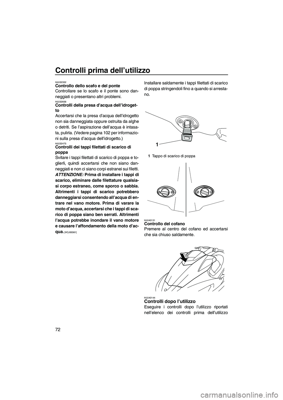 YAMAHA FX HO 2010  Manuale duso (in Italian) Controlli prima dell’utilizzo
72
HJU32352Controllo dello scafo e del ponte 
Controllare se lo scafo e il ponte sono dan-
neggiati o presentano altri problemi.
HJU32656Controlli della presa d’acqua