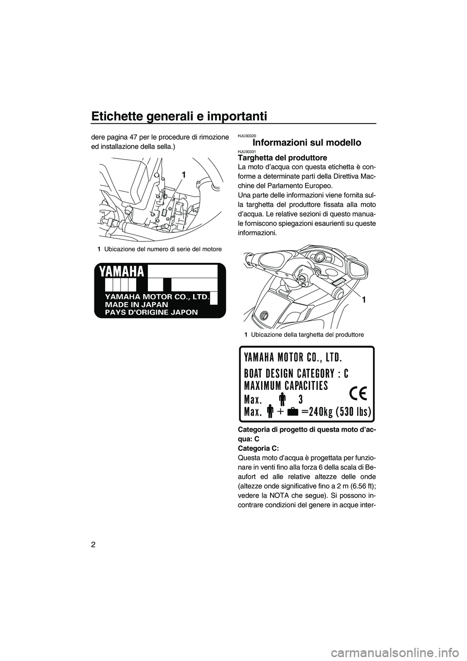 YAMAHA FX HO CRUISER 2010  Manuale duso (in Italian) Etichette generali e importanti
2
dere pagina 47 per le procedure di rimozione
ed installazione della sella.)HJU30320
Informazioni sul modello HJU30331Targhetta del produttore 
La moto d’acqua con q