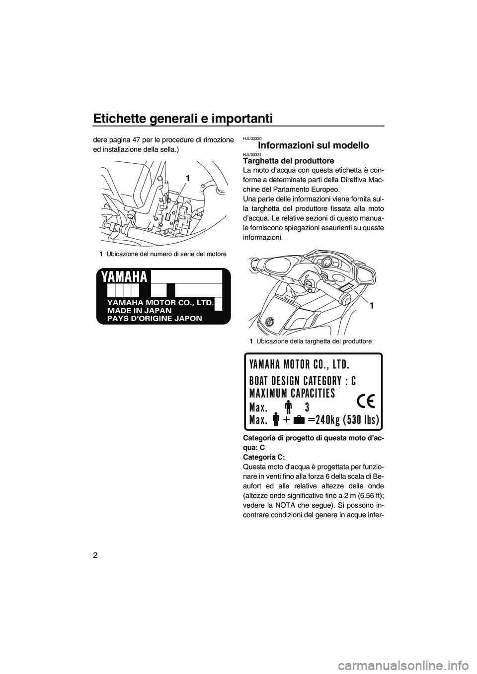 YAMAHA FX HO 2010  Manuale duso (in Italian) Etichette generali e importanti
2
dere pagina 47 per le procedure di rimozione
ed installazione della sella.)HJU30320
Informazioni sul modello HJU30331Targhetta del produttore 
La moto d’acqua con q