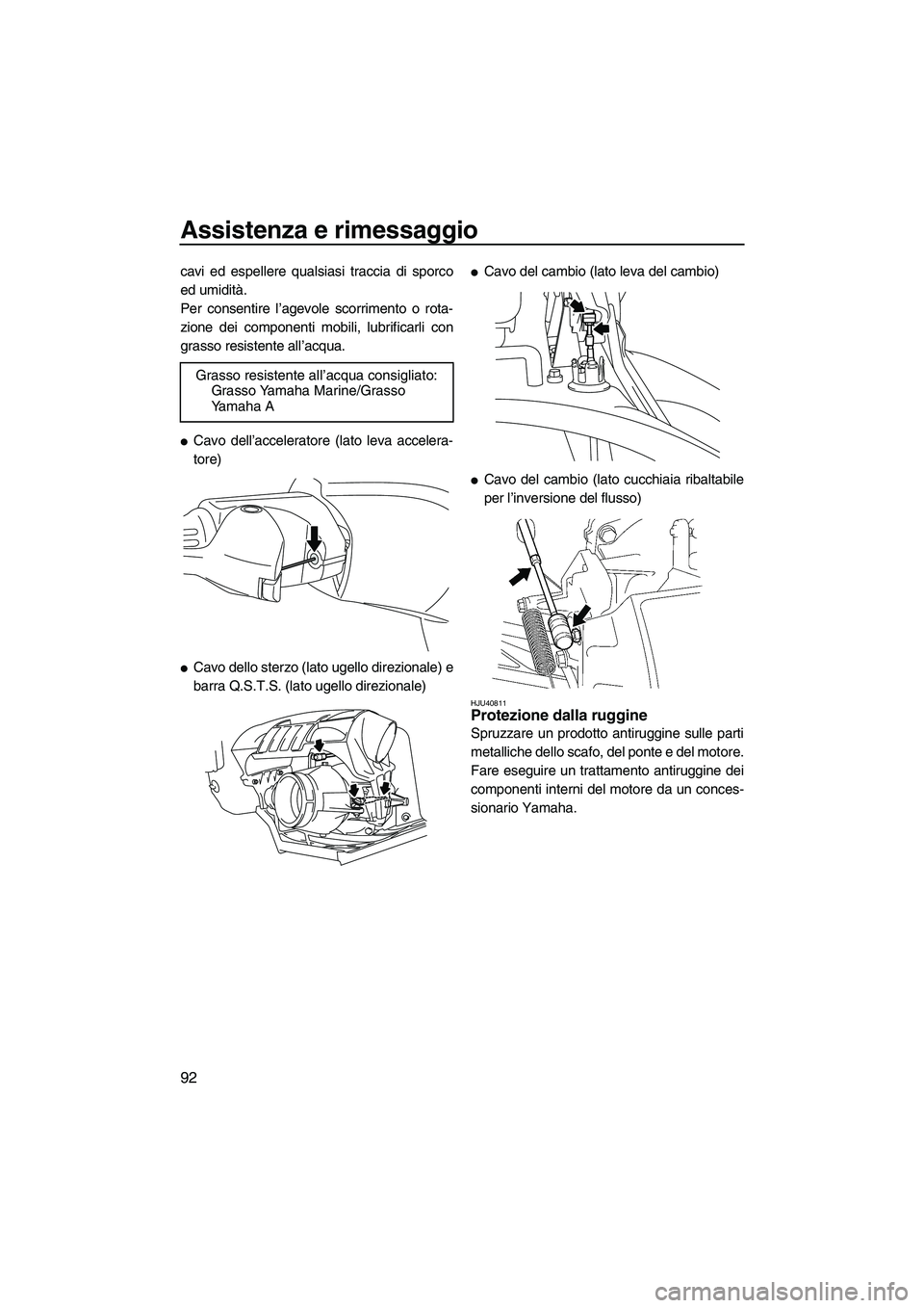 YAMAHA FX HO CRUISER 2010  Manuale duso (in Italian) Assistenza e rimessaggio
92
cavi ed espellere qualsiasi traccia di sporco
ed umidità.
Per consentire l’agevole scorrimento o rota-
zione dei componenti mobili, lubrificarli con
grasso resistente al