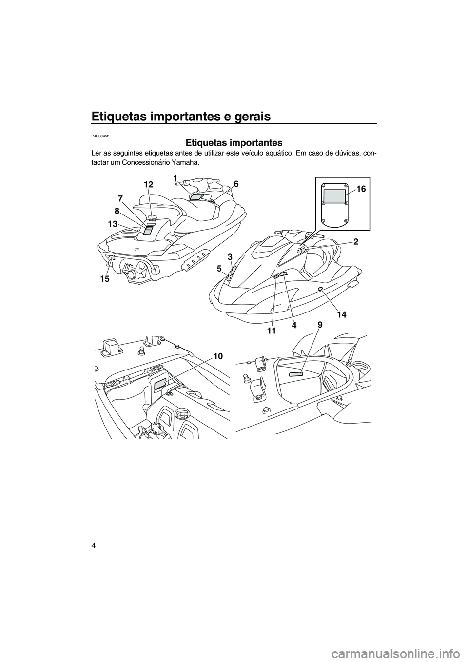 YAMAHA FX HO 2010  Manual de utilização (in Portuguese) Etiquetas importantes e gerais
4
PJU30452
Etiquetas importantes 
Ler as seguintes etiquetas antes de utilizar este veículo aquático. Em caso de dúvidas, con-
tactar um Concessionário Yamaha.
15
13
