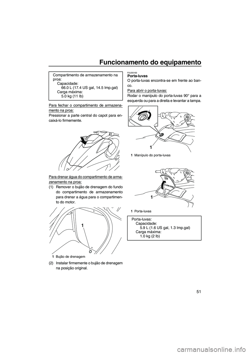 YAMAHA FX HO 2010 Manual de utilização (in Portuguese) Funcionamento do equipamento
51
Para fechar o compartimento de armazena-
mento na proa:
Pressionar a parte central do capot para en-
caixá-lo firmemente.
Para drenar água do compartimento de arma-
z YAMAHA FX HO 2010 Manual de utilização (in Portuguese) Funcionamento do equipamento
51
Para fechar o compartimento de armazena-
mento na proa:
Pressionar a parte central do capot para en-
caixá-lo firmemente.
Para drenar água do compartimento de arma-
z