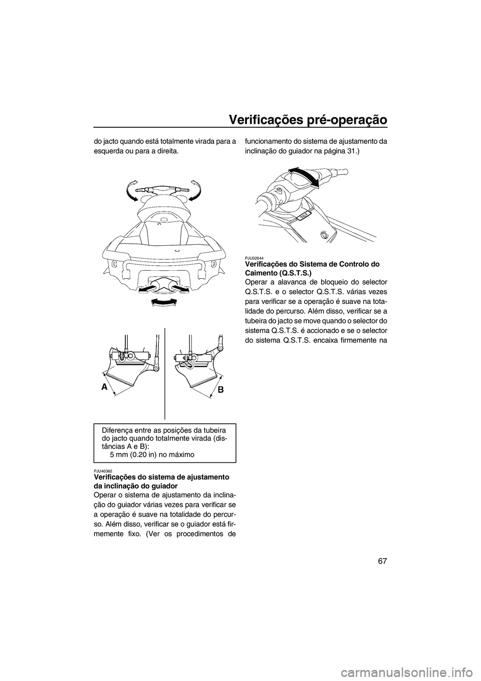 YAMAHA FX HO 2010 Manual de utilização (in Portuguese) Verificações pré-operação
67
do jacto quando está totalmente virada para a
esquerda ou para a direita.
PJU40362Verificações do sistema de ajustamento
da inclinação do guiador
Operar o sist YAMAHA FX HO 2010 Manual de utilização (in Portuguese) Verificações pré-operação
67
do jacto quando está totalmente virada para a
esquerda ou para a direita.
PJU40362Verificações do sistema de ajustamento
da inclinação do guiador
Operar o sist