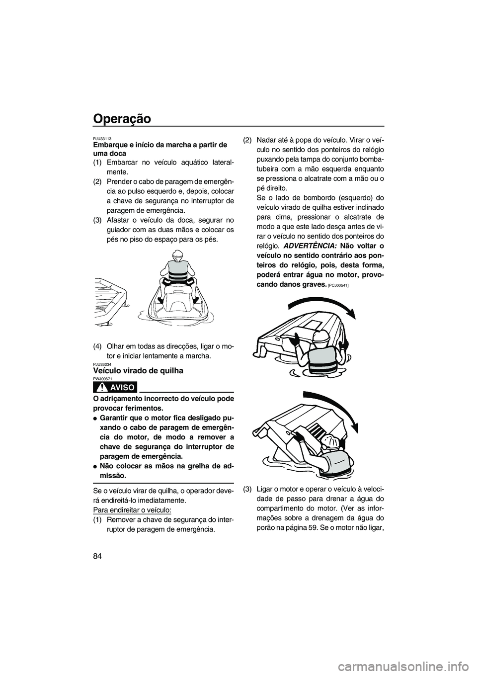 YAMAHA FX HO 2010  Manual de utilização (in Portuguese) Operação
84
PJU33113Embarque e início da marcha a partir de 
uma doca 
(1) Embarcar no veículo aquático lateral-
mente.
(2) Prender o cabo de paragem de emergên-
cia ao pulso esquerdo e, depois,