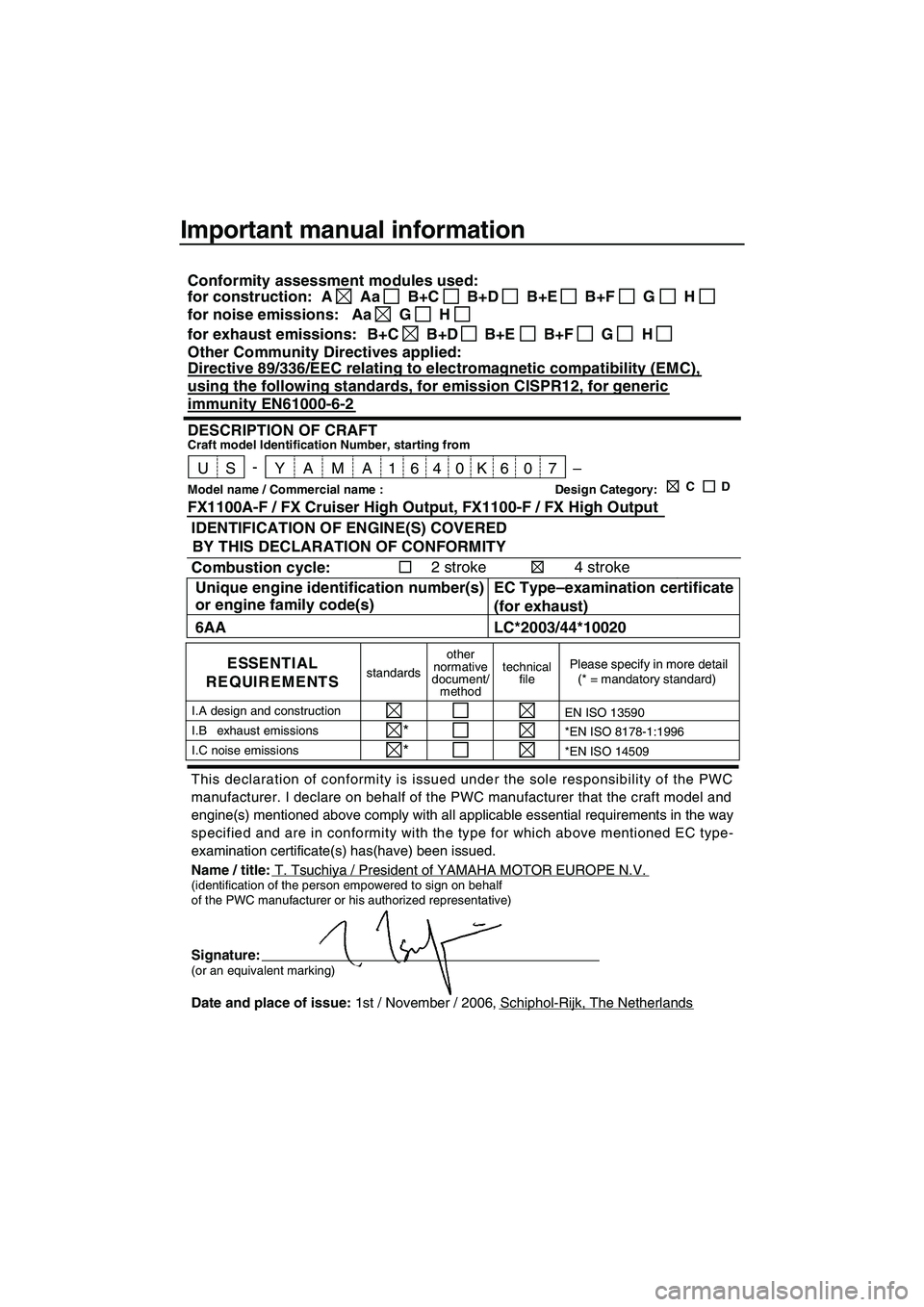 YAMAHA FX HO 2007  Owners Manual Important manual information
This declaration of conformity is issued under the sole responsibility of the PWC
manufacturer. I declare on behalf of the PWC manufacturer that the craft model and
engine